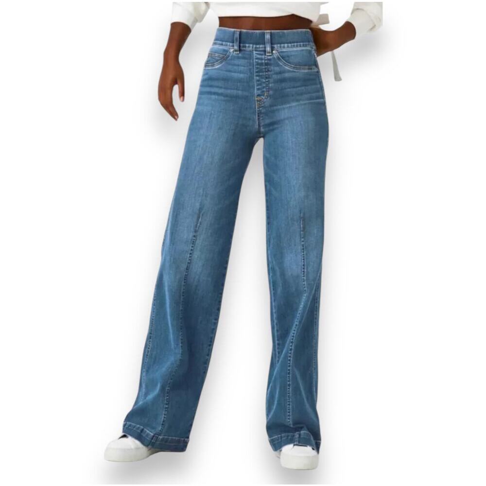 Spanx Seamed‎ Front Wide Leg Jeans Women's XL Blue Pull-On High Waist